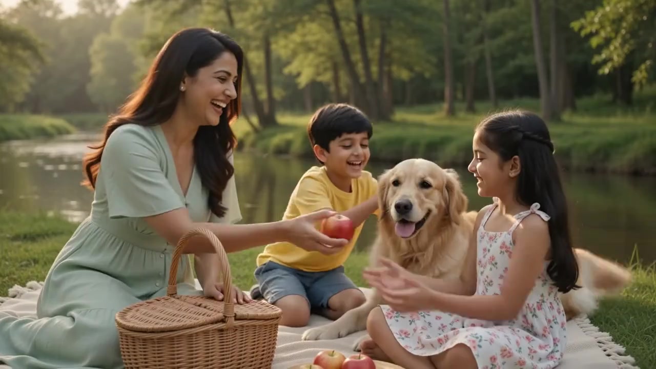 An Indian family relaxing by a river among green trees